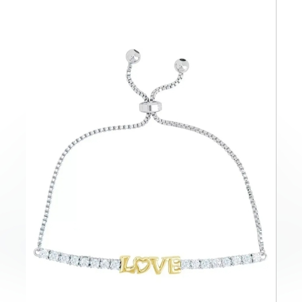 Cubic Zirconia Love Adjustable Bolo Bracelet in Fine Gold and Silver Plate